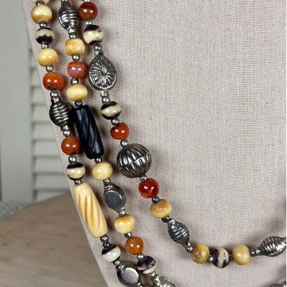 Vintage 70s Earthy Multi Strand Necklace Carnelian Agate Bone Silver Metal Beads - Picture 3 of 12